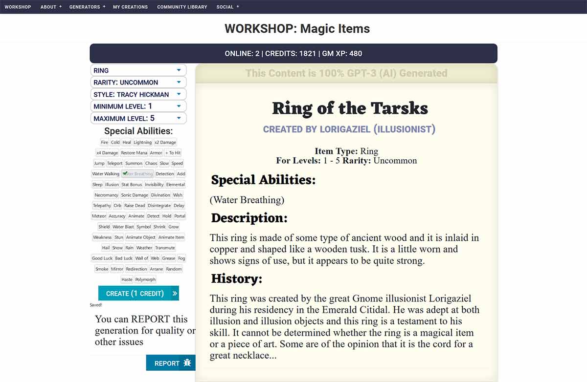 Magic Item Generator RPG